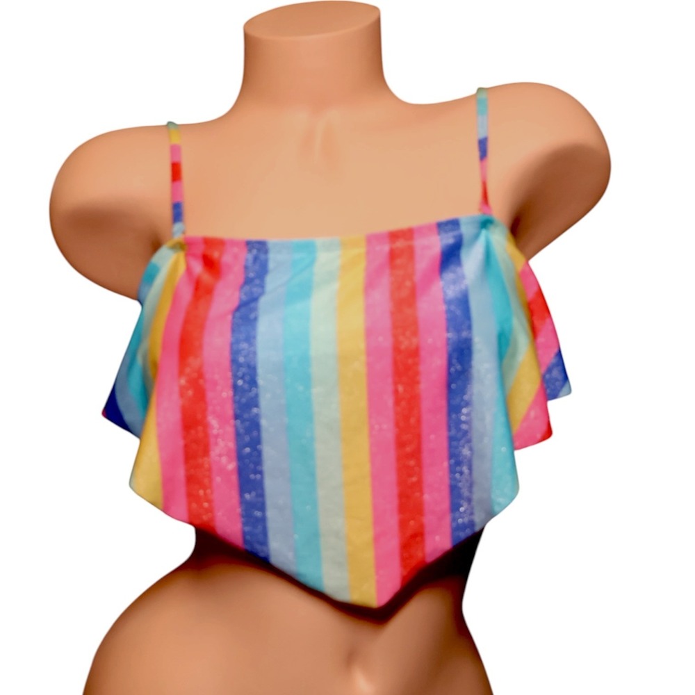 NWT Medium Rainbow Stripe Flounce Bikini Top Shimmer Pride Festival Bandeau Top